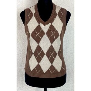 Brown/Grey Argyle Pullover Knit V-Neck Cropped Sweater Vest